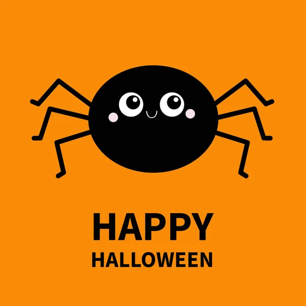 Fijne Halloween. Zwart rond spinnensilhouet. Grappig insect. Lange poten. Grote ogen. Leuke cartoon kawaii baby karakter. Vlak ontwerp. Oranje achtergrond. geïsoleerd. — Stockvector