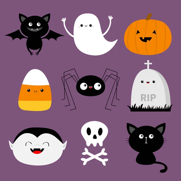 Fröhliches Halloween. Fledermaus, Zuckermais, Geistergeist, Kürbis, Katze, Dracula, Schädelknochen, Spinne, Grabstein. niedlichen Karikatur kawaii lustige Baby-Charakterset. flache Bauweise. violetten Hintergrund. isoliert. — Stockvektor