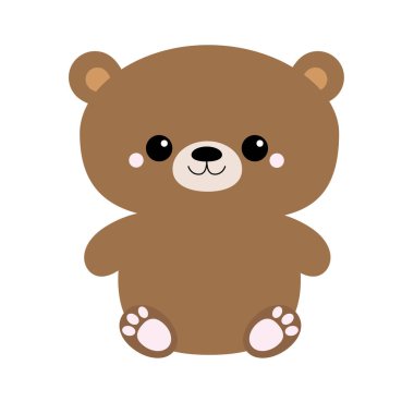 Boz ayı oyuncağı oturuyor. Büyük gözler. Sevimli çizgi film komik kawaii karakteri. Orman yavrusu hayvan koleksiyonu. Beyaz arka plan. İzole edilmiş. Düz tasarım.