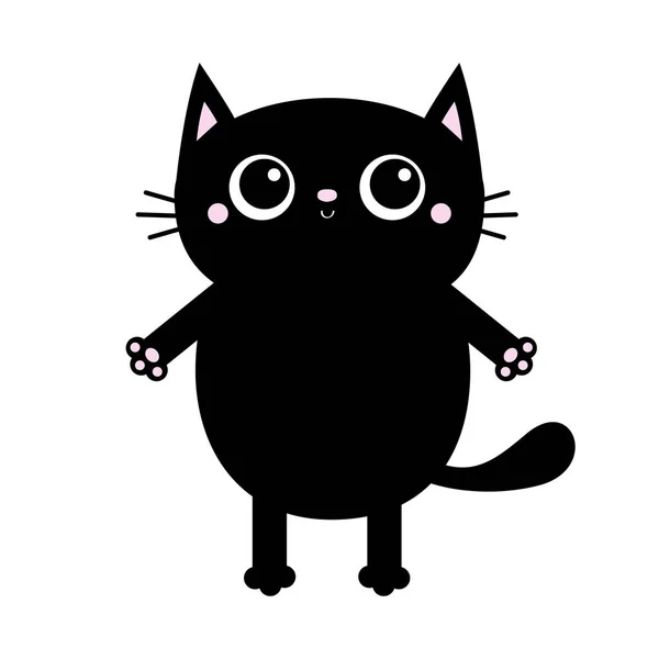 Gato preto. Impressão de pata rosa de mão aberta. Olhos grandes. Kitty alcançando um abraço. Engraçado animal Kawaii. Cartão de bebê. Caricatura bonito personagem. Coleção de animais de estimação. Projeto plano Fundo branco — Vetor de Stock