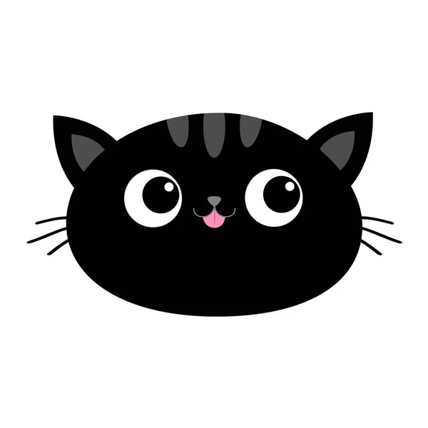 Tête de chat noire face icône ovale avec de grands yeux, langue rose. Mignon personnage drôle de dessin animé kawaii. Moustaches. Collection d'imprimés pour bébés pour animaux. Design plat. Fond blanc. Isolé . — Image vectorielle