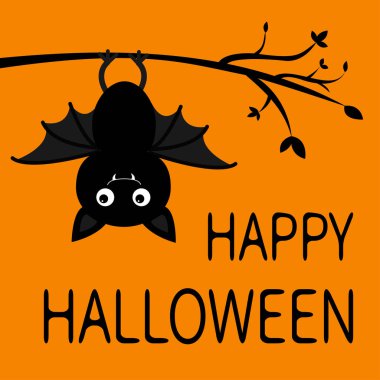 Mutlu Cadılar Bayramı. Ağaç dalında asılı yarasa. Açık kanatlı, kulaklı, bacaklı şirin bir çizgi film karakteri. Siyah siluet. Orman hayvanı. Düz dizayn. Turuncu arkaplan izole edildi.