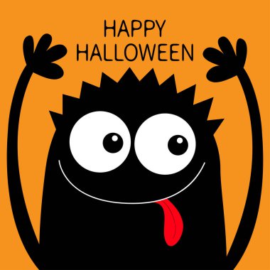 Mutlu Cadılar Bayramı. Canavar kafalı siyah siluet. İki göz, saç, dil gösterme, eller yukarı. Tatlı çizgi film kawaii komik karakter. Bebek koleksiyonu. Düz dizayn. Turuncu arkaplan.