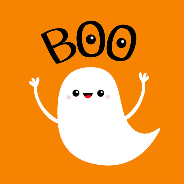 Flying baby ghost spirit. Boo text with eyes. Happy Halloween. Cute cartoon white scary spooky character. Smiling face, hands. Orange background. Greeting card. Flat design.