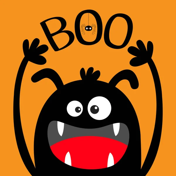 Feliz Halloween. Silueta negra con cabeza de monstruo. Ojos, orejas, colmillos de dientes, lengua, manos arriba. Mensaje de abucheo. Araña colgante. Lindo personaje de dibujos animados kawaii divertido bebé niños. Diseño plano. Fondo naranja . — Archivo Imágenes Vectoriales