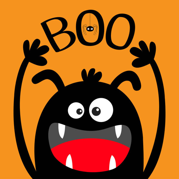 Happy Halloween. Monster head black silhouette. Eyes, ears, teeth fang, tongue, hands up. Boo text. Hanging spider. Cute cartoon kawaii funny baby kids character. Flat design. Orange background.