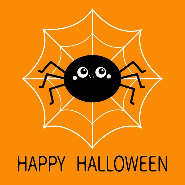 Fröhliches Halloween. schwarze runde Spinne, die im Netz sitzt. Lustiges Insekt. Lange Pfoten. große Augen. niedliche Karikatur kawaii Baby-Figur. flache Bauweise. Orange Hintergrund. isoliert. — Stockvektor