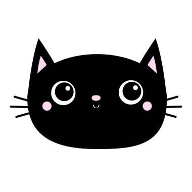 Siyah kedi kafası oval bir ikon ve büyük gözleri var. Tatlı çizgi film kawaii komik karakter. Bıyık. Evcil bebek baskısı koleksiyonu. Düz dizayn. Beyaz arka plan. İzole edilmiş.
