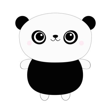 Panda oyuncak ikonu. Kawaii hayvanı. Siyah ve beyaz. Sevimli çizgi film karakteri. Gözleri, burnu, kulakları olan komik bebek suratı. Çocuklar basar. Tebrik kartı. Düz dizayn. Gri arka plan. İzole edilmiş.