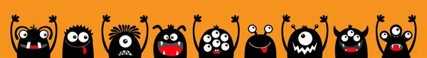 Fröhliches Halloween. Monster schwarze Silhouette Kopf Gesicht Symbol gesetzt Linie. Augen, Zunge, Zahn, Hände hoch. niedlichen Karikatur kawaii beängstigend lustige Babyfigur. Orange Hintergrund. flache Bauweise. — Stockvektor