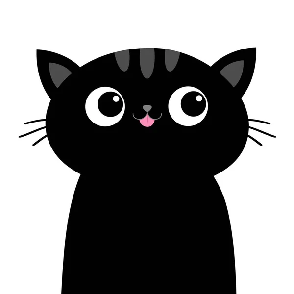 Fekete szomorú macskafej, nagy szemekkel. Rózsaszín nyelv. Aranyos rajzfilm Kawaii vicces karakter. Kisállat-ujjlenyomat gyűjtemény. Lapos kialakítás. Fehér háttér. Elszigetelt. — Stock Vector