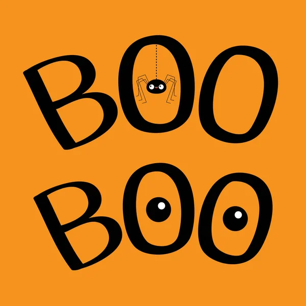 Word BOO texte avec silhouette d'insecte araignée suspendue. Deux yeux. Mignon jeu de caractères de dessin animé kawaii. Joyeux Halloween carte de voeux. Fil de trait Dash. Design plat. Fond orange . — Image vectorielle