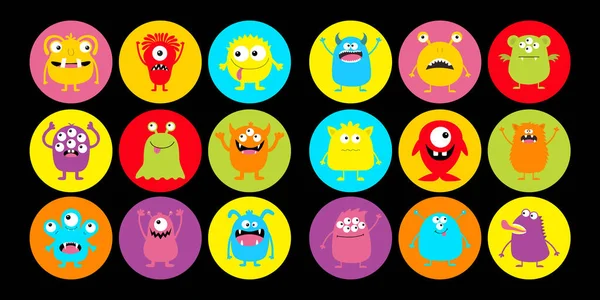 Monster head super big round icon set. Happy Halloween. Boo Spooky Screaming smiling sad face emotion. Three eyes, tongue, teeth fang, mouse. Flat design style. Black background. — Stock Vector