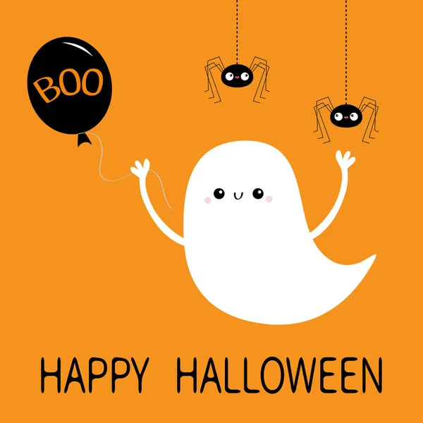 Happy Halloween. Flying ghost spirit holding balloon with Boo text. Hanging spiders. Cute cartoon white scary spooky character. Smiling face, hands. Orange background. Greeting card. Flat design. — Stock Vector