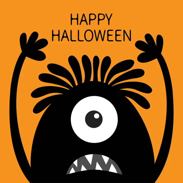 Šťastný Halloween. Černá silueta příšery. Jedno oko, vlasy, zuby, jazyk, ruce nahoru. Roztomilý karikatura kawaii legrační postava. Dětská kolekce. Plochý. oranžové pozadí. — Stockový vektor