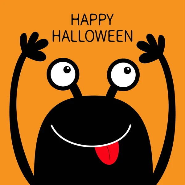 Happy Halloween. Monster head black silhouette. Two eyes, face showing tongue, hands up. Cute cartoon kawaii funny character. Baby kids collection. Flat design. Orange background. — Stock Vector