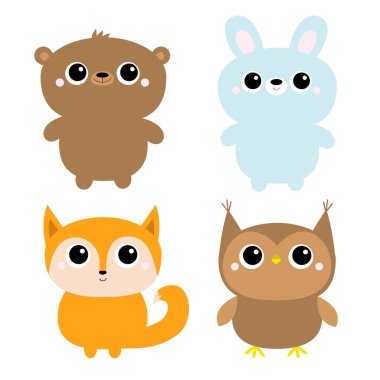 Ayı tavşan tilki baykuşu. Orman hayvanı oyuncağı ikon hattı hazır. Şirin kawaii çizgi filmi komik bebek karakteri. Çocuk eğitim kartları. Düz dizayn. Beyaz arka plan. İzole edilmiş.