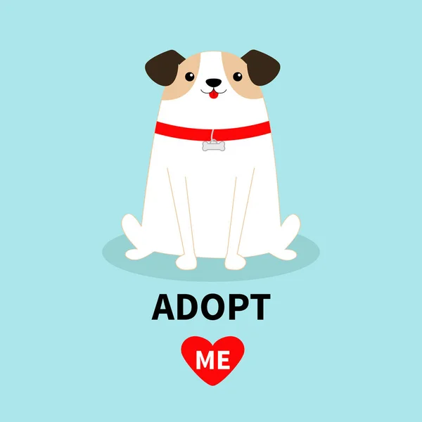 收养我 狗坐着 白色的小狗。 红领骨 可爱的卡通卡瓦有趣的婴儿角色。 平面设计风格。 帮助无家可归的动物概念。 宠物收养。 蓝色背景。 被隔离了. — 图库矢量图片