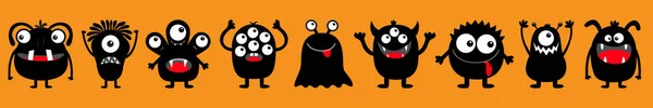 Happy Halloween. Monster black round silhouette icon set line. Eyes, tongue, tooth fang, hands up. Cute cartoon kawaii scary funny baby character. Orange background. Flat design. — Stock Vector