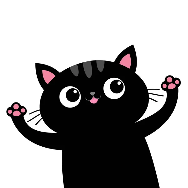 Gato preto com língua rosa. Abrir impressão da pata da mão. Olhos grandes. A Kitty quer um abraço. Animal Kawaii engraçado. Cartão de bebé. Personagem de desenho animado bonito. Coleção de animais. Projeto plano Fundo branco — Vetor de Stock