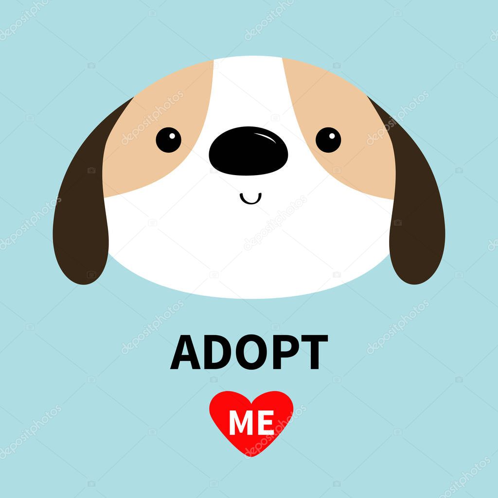 Adopt me. Dog face head round icon. White puppy pooch. Cute cartoon kawaii funny baby character. Flat design style. Help homeless animal concept. Pet adoption. Blue background. Isolated.