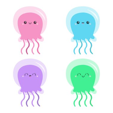 Denizanası ikonu seti. Tatlı çizgi film kawaii komik bebek karakteri. Pembe yeşil mavi mor renk. Gülen surat. Deniz hayvanı. Çocuk tişörtü, defter kapağı baskısı. Beyaz arka plan. Düz dizayn. Vektör