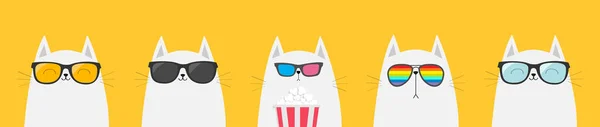 Biały Kot Ustawiony Jem Popcorn Kino Śliczna Postać Kreskówki Pokaz — Wektor stockowy