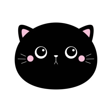 Kara kedi kedi kedisi kedi yüzlü siluet ikonu. Şirin kawaii çizgi film karakteri. Sevgililer Günün kutlu olsun. Pembe yanaklar. Bebek tebrik kartı tişörtü, defter kapağı izi. Beyaz arka plan. Düz dizayn. Vektör