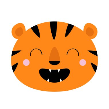 Kükreyen kaplan surat ikonu. Şirin çizgi film kawaii komik yavru hayvan karakteri. Ağzını aç. Çocuk odası için çocukça baskılar, çocuk kıyafetleri, posterler. Orman kedisi kükremesi. Düz Tasarım Beyaz Arkaplan Vektörü