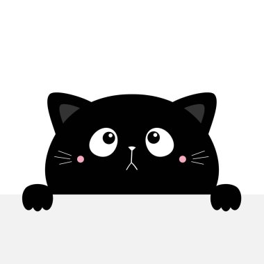 Kedi yavrusu, siyah siluet elinde boş kağıt tutuyor. Pençe izi. Şirin kawaii karikatürü hüzünlü karakter. Sevgililer Günün kutlu olsun. Bebek tebrik kartı tişörtü defter kılıfı. Beyaz arkaplan Düz Tasarım Vektörü