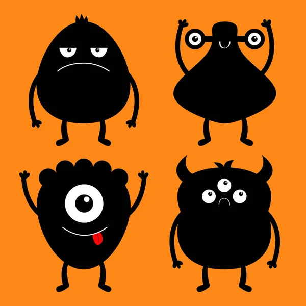 Frohes Halloween Monster Schwarze Silhouette Set Niedliche Karikatur Kawaii Traurigen — Stockvektor