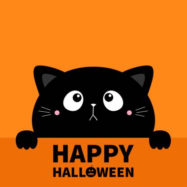 Mutlu Cadılar Bayramı. Kedi yavrusu, elinde kağıt olan siyah siluet. Pençe izi. Şirin kawaii karikatürü hüzünlü karakter. Bebek tebrik kartı tişörtü defter kılıfı. Turuncu arka plan. Düz dizayn. Vektör