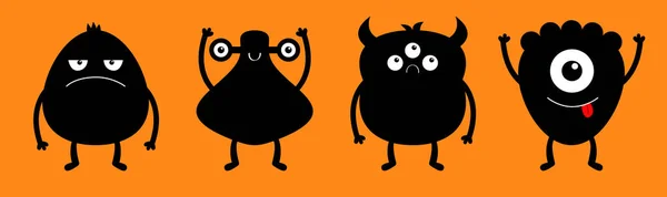 Monster Schwarze Silhouette Linie Gesetzt Frohes Halloween Niedliche Karikatur Kawaii — Stockvektor