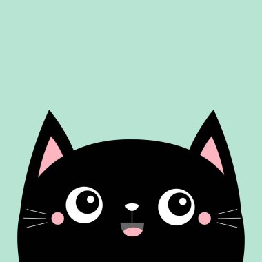 Siyah kedi kedicik gülümseyen ikon. Kawaii çizgi film karakteri. Şirin bir yüz. Sevgililer Günün kutlu olsun. Pembe yanaklar. Bebek tebrik kartı tişörtü, defter kapağı izi. Mavi arka plan. Düz dizayn. Vektör