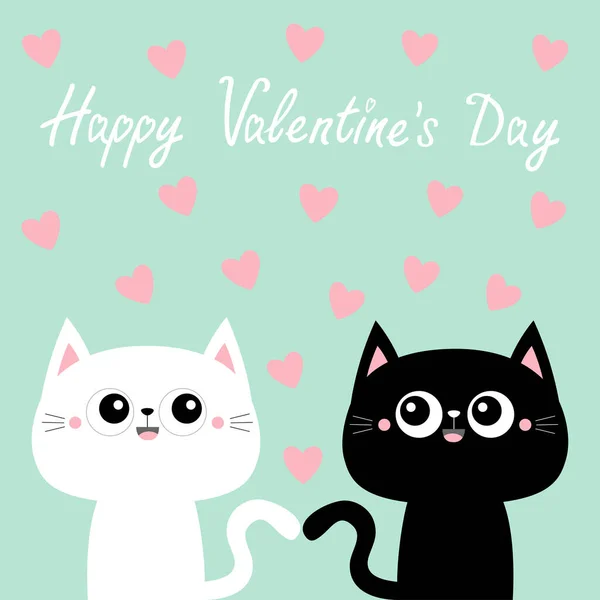 Happy Valentines Day Black White Cat Kitty Kitten Set Pink — Stock Vector
