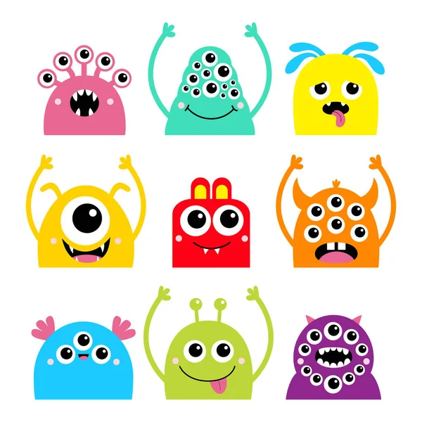 Frohes Halloween Monster Gesicht Kopf Icon Set Netter Cartoon Kawaii — Stockvektor