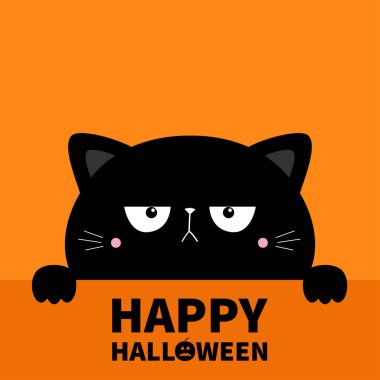 Elinde boş kağıt olan siyah kedi yavrusu kedi silueti. Şirin kawaii karikatürü hüzünlü karakter. Pençe izi. Mutlu Cadılar Bayramı. Bebek tebrik kartı tişörtü defter kılıfı. Düz dizayn. Turuncu arka plan. Vektör