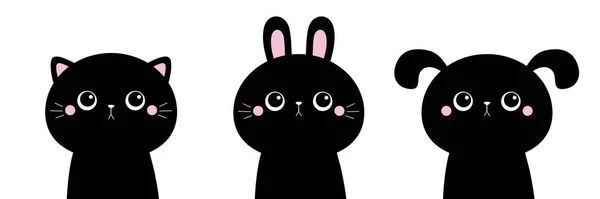 ウサギ ウサギ 犬セット 黒のシルエット カワイイ漫画のキャラクター かわいい面白い頭の顔 赤ちゃんのグリーティングカードのテンプレート ノートカバーTシャツ ホワイトの背景フラットデザイン ベクトル — ストックベクタ