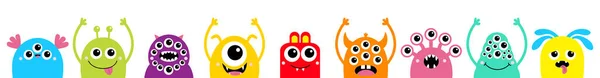 Monster Head Face Icon Set Line Happy Halloween Cute Kawaii — Stock Vector