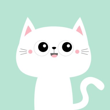 Şirin beyaz kedi kedicik, gülümseyen yüz ikonu. Sevgililer Günün kutlu olsun. Kawaii çizgi film karakteri. Pembe yanaklar. Bebek tebrik kartı tişörtü, defter kapağı izi. Mavi arka plan. Düz dizayn. Vektör