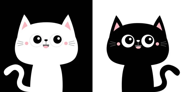 Cute Black Cat Kitty Icon Set Персонаж Мультфильма Кавайи Улыбаемся — стоковый вектор