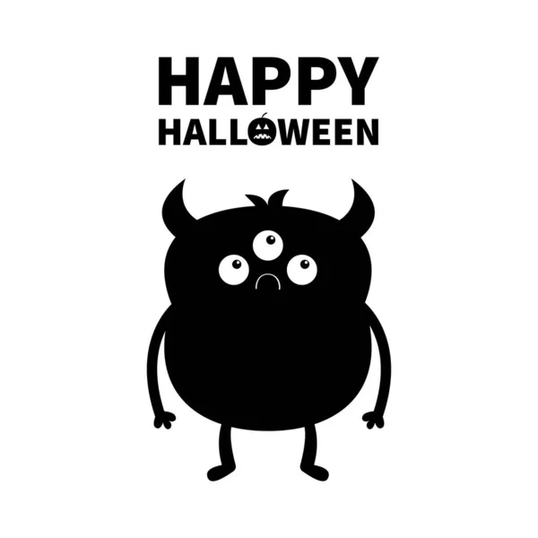 Monster Black Silhouette Happy Halloween Cute Cartoon Kawaii Sad Character — Stock Vector