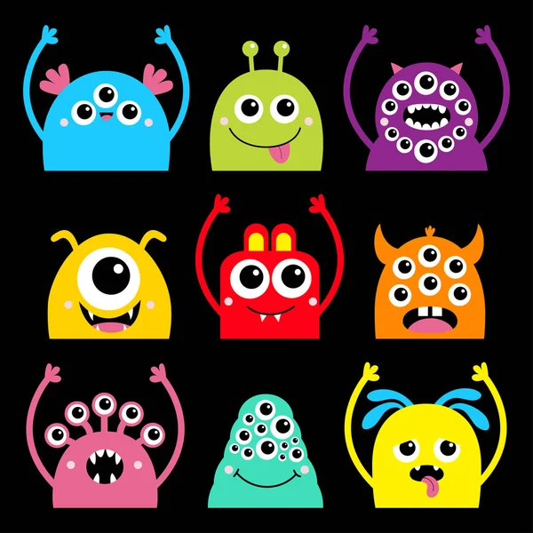 Monster Hoofd Gezicht Pictogram Set Fijne Halloween Leuke Cartoon Kawaii — Stockvector