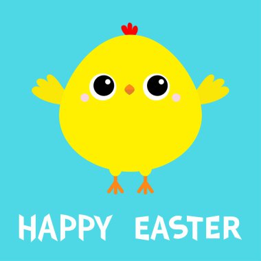 Mutlu Paskalyalar. Tavuk kuşu. Şirin çizgi film komik kawaii bebek piliç karakteri. Çocuk tişörtü, kitap bezi baskısı. Tebrik kartı. Düz dizayn. Sarı renk. Mavi arka plan. İzole edilmiş. Vektör illüstrasyonu
