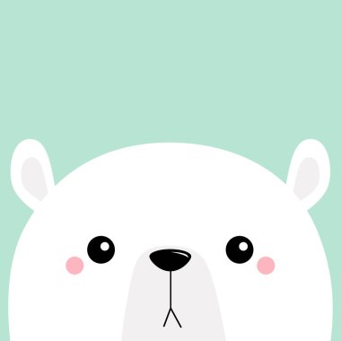 Beyaz kutup ayısı üzgün surat. Mutlu noeller. - Mutlu yıllar. Sevimli çizgi film bebek karakteri. Kutup hayvanı. Merhaba kış. Düz dizayn. Mavi arka plan. Tebrik kartı t-shirt kapağı yazdırma vektörü