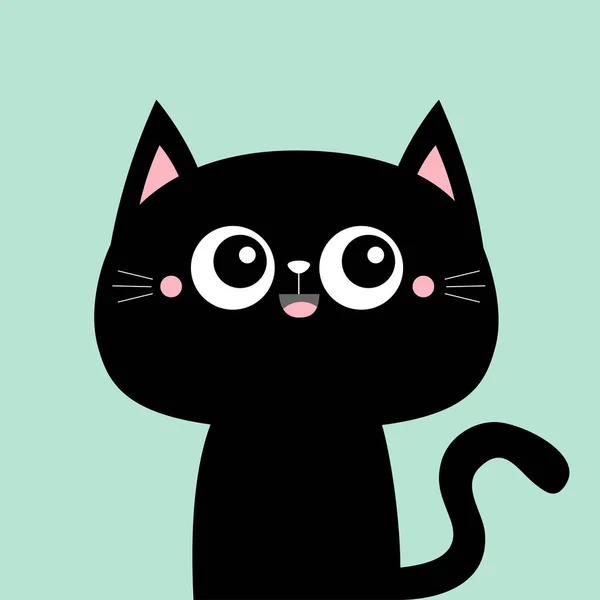 かわいい黒猫子猫の笑顔の顔のアイコン カワイイ漫画のキャラクター ハッピーバレンタインデー ピンクの頬 赤ちゃんグリーティングカードTシャツノートブックカバープリント 青の背景 フラットデザイン ベクトル — ストックベクタ