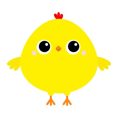 Tavuk ikonu. Mutlu Paskalyalar. Şirin çizgi film komik kawaii bebek piliç karakteri. Çocuk tişörtü, kitap bezi baskısı. Tebrik kartı. Sarı renk. Düz dizayn. Beyaz arka plan. Vektör illüstrasyonu