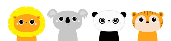 Aslan Panda Koala Kaplan Yuvarlak Kafa Ikonu Kawaii Vahşi Hayvan — Stok Vektör
