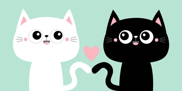 Schattig Zwart Katje Kitten Setje Roze Hart Kawaii Stripfiguur Lachend — Stockvector