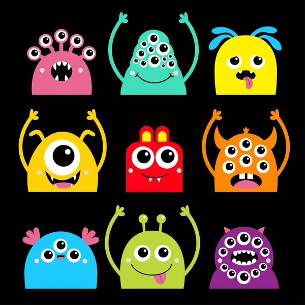 Feliz Halloween Monstruo Cara Icono Conjunto Lindo Dibujo Animado Kawaii — Vector de stock